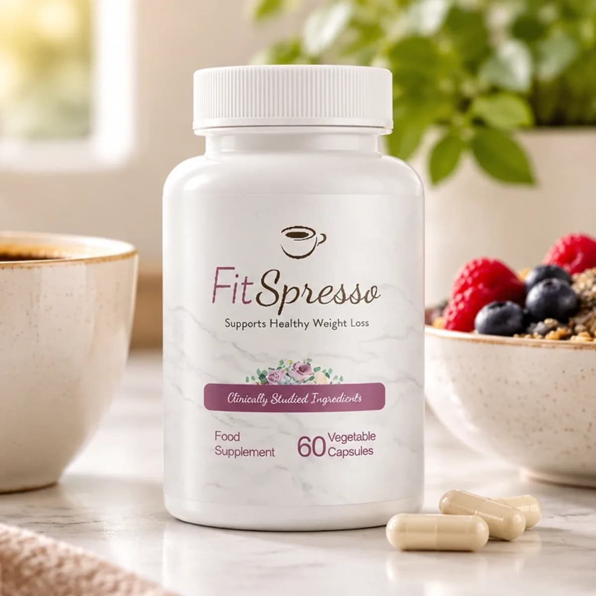 A Fitspresso bottle on a marble counter beside a cup of black coffee and a bowl of berries and granola