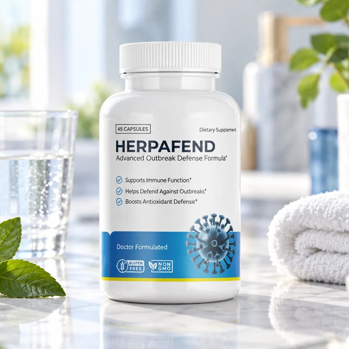 A Herpafend bottle on a marble counter with mint leaves, a glass of water and folded towels