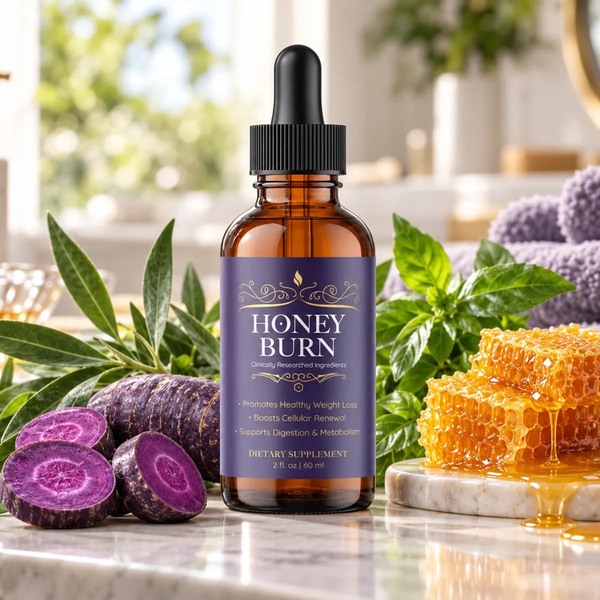 A HoneyBurn dropper bottle on a marble counter beside honeycomb and purple sweet potato