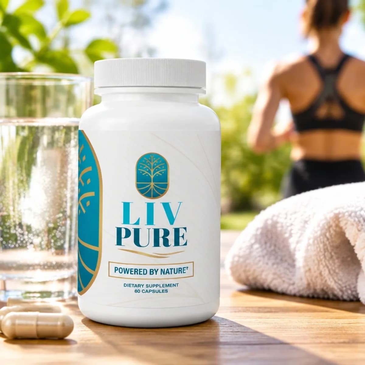 A Liv Pure bottle on a garden table with a glass of water, a rolled towel and a dumbbell