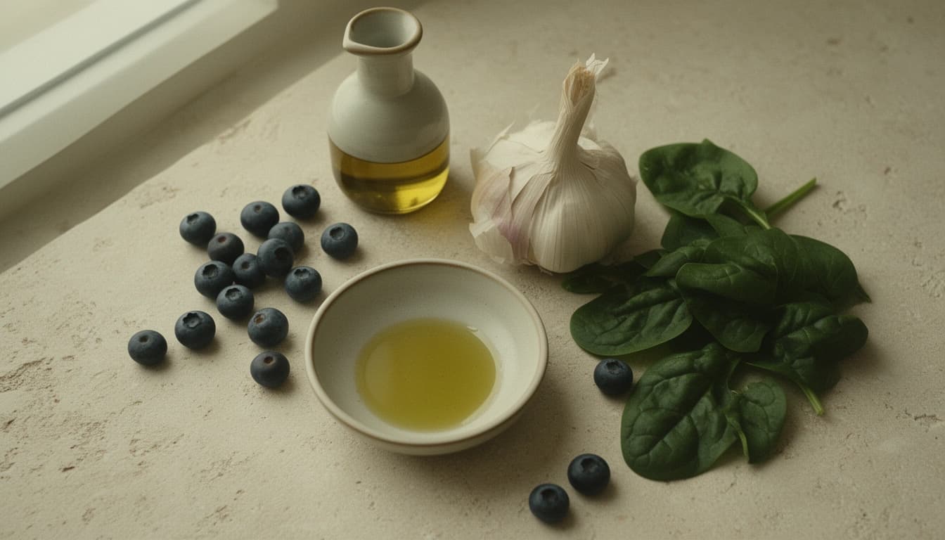 Olive oil, garlic, blueberries and spinach on a pale stone counter