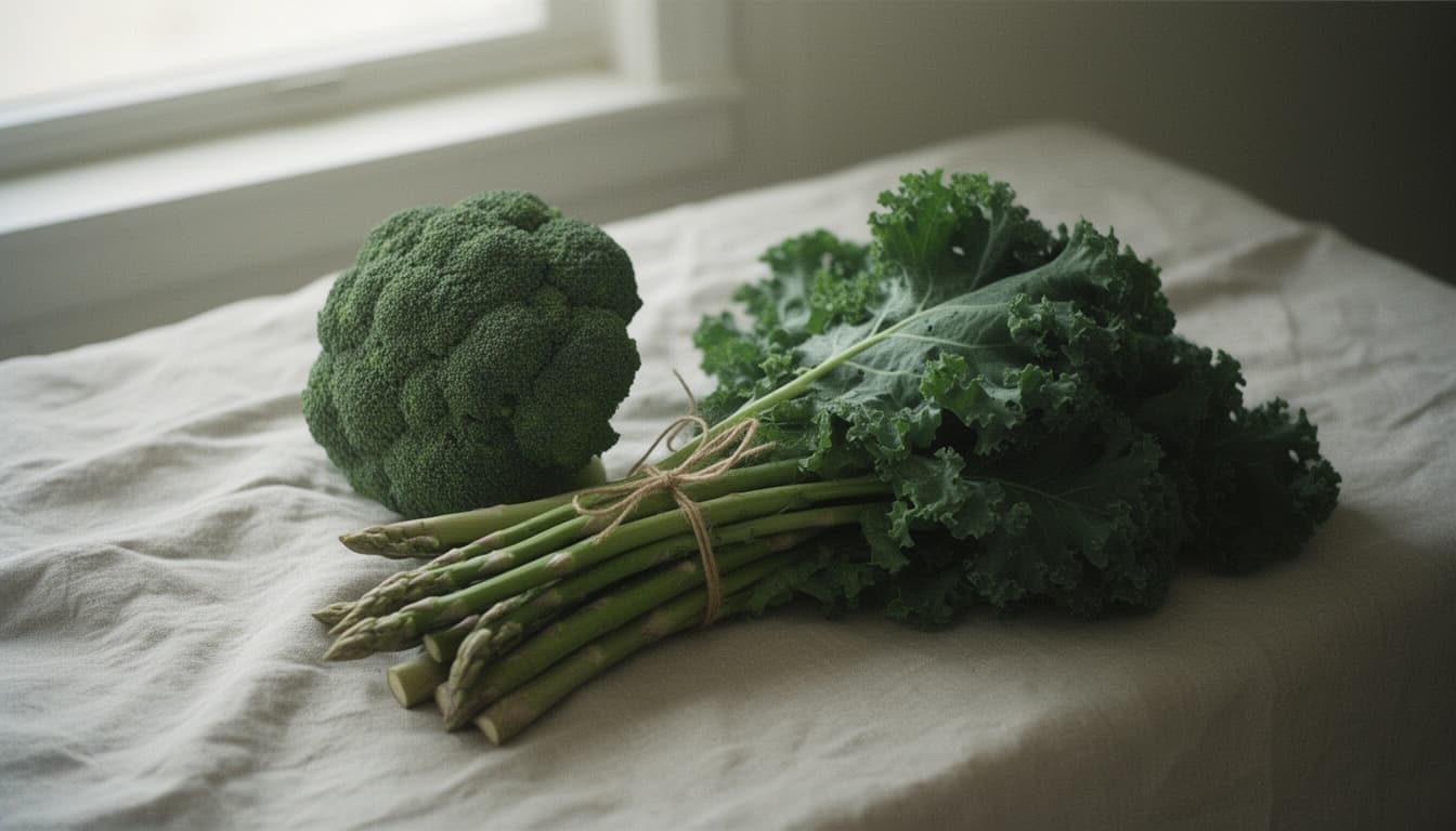 Broccoli, a tied bundle of asparagus and curly kale on natural linen