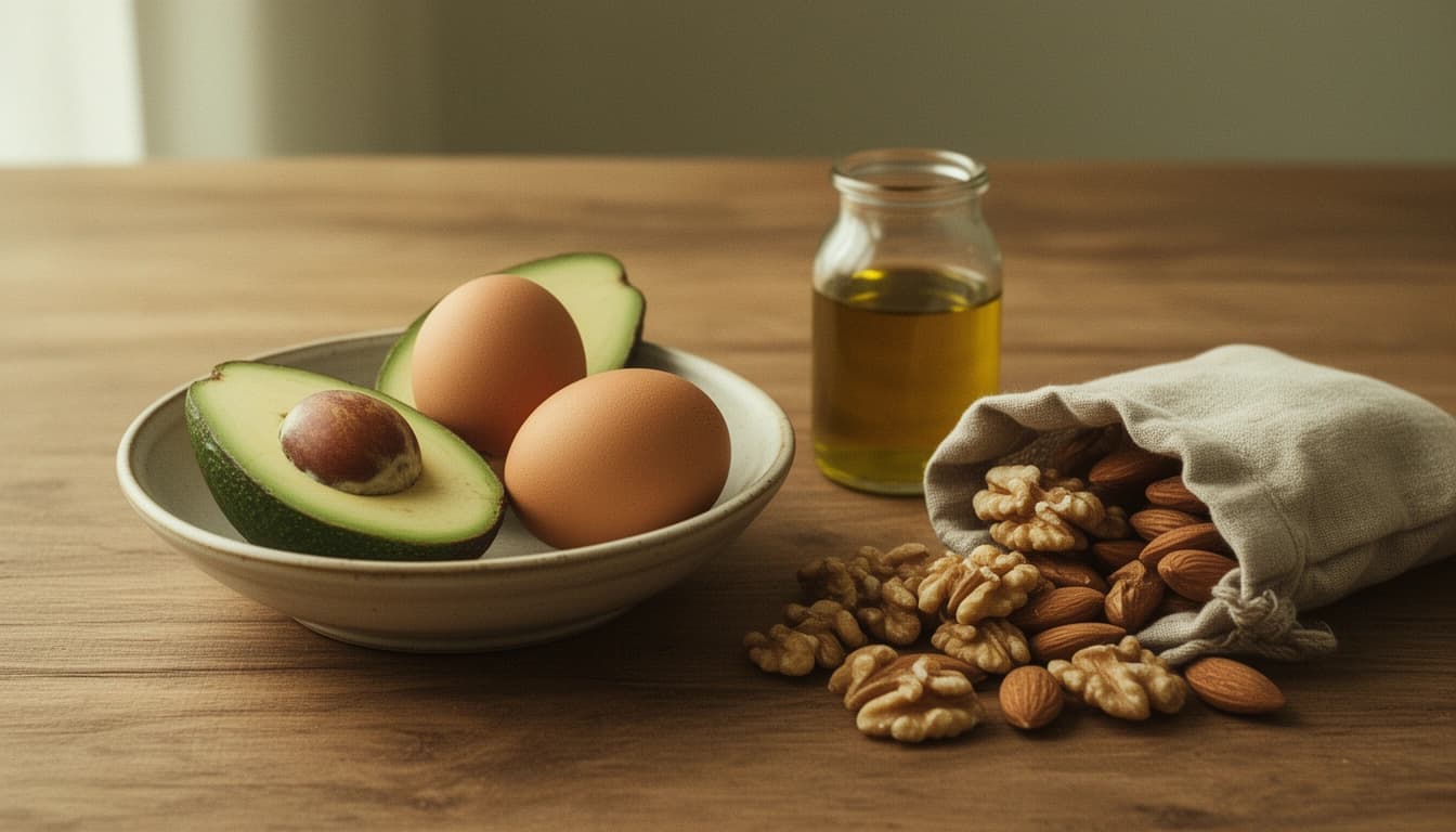 Avocado, brown eggs, walnuts and almonds, and a jar of olive oil on an oak table