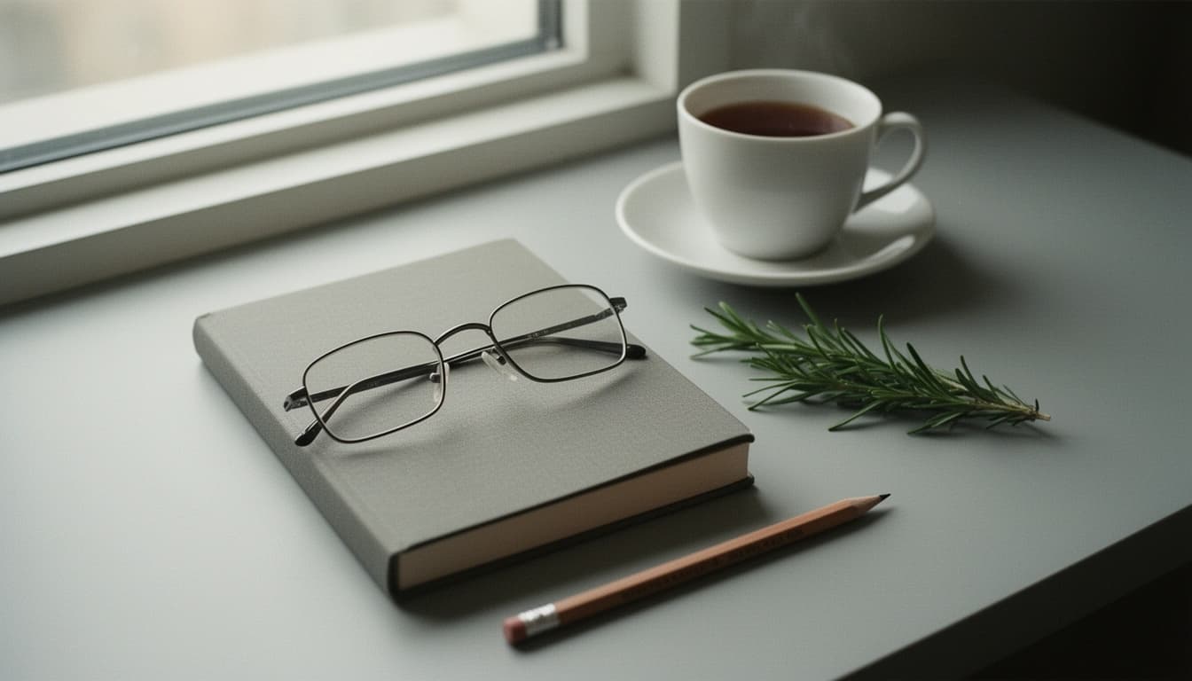Reading glasses resting on a closed notebook beside a cup of tea and a sprig of rosemary